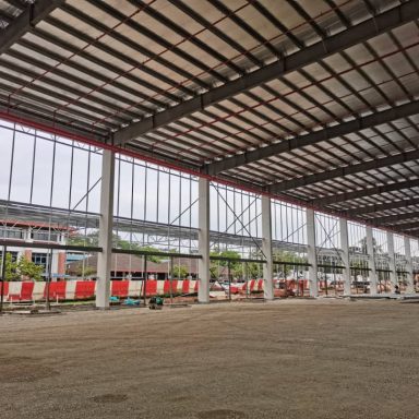 A project picture of jobsite showing the steel structure of purlins and metal roofing sheets Juta Steel galvanised purlins Bumbung Besi JSC JSZ JutaDek 762 Metal Roofing Sheets Transparent Sheet PC roofing FRP roofing